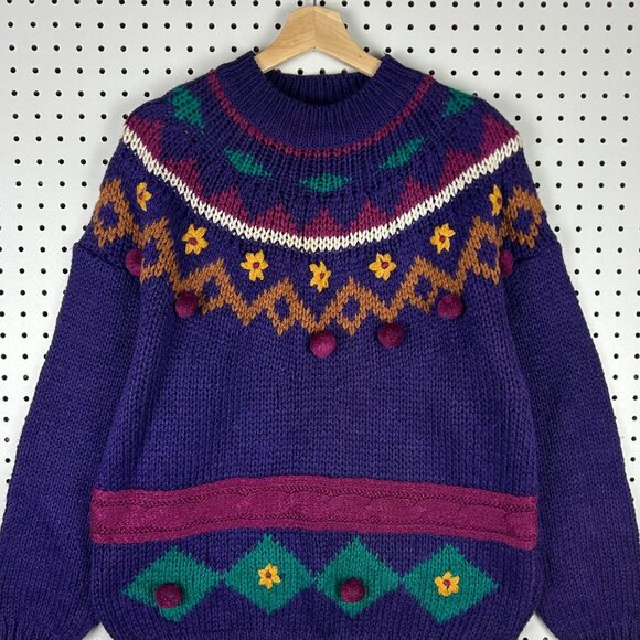 Extra Spice Vtg 90s Mock Neck Sweater Large Purple Knit Chunky Pom Pom Nordic - Picture 2 of 6